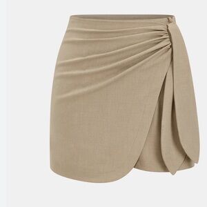 Commense Ruched Wrap Mini Skirt in Tan